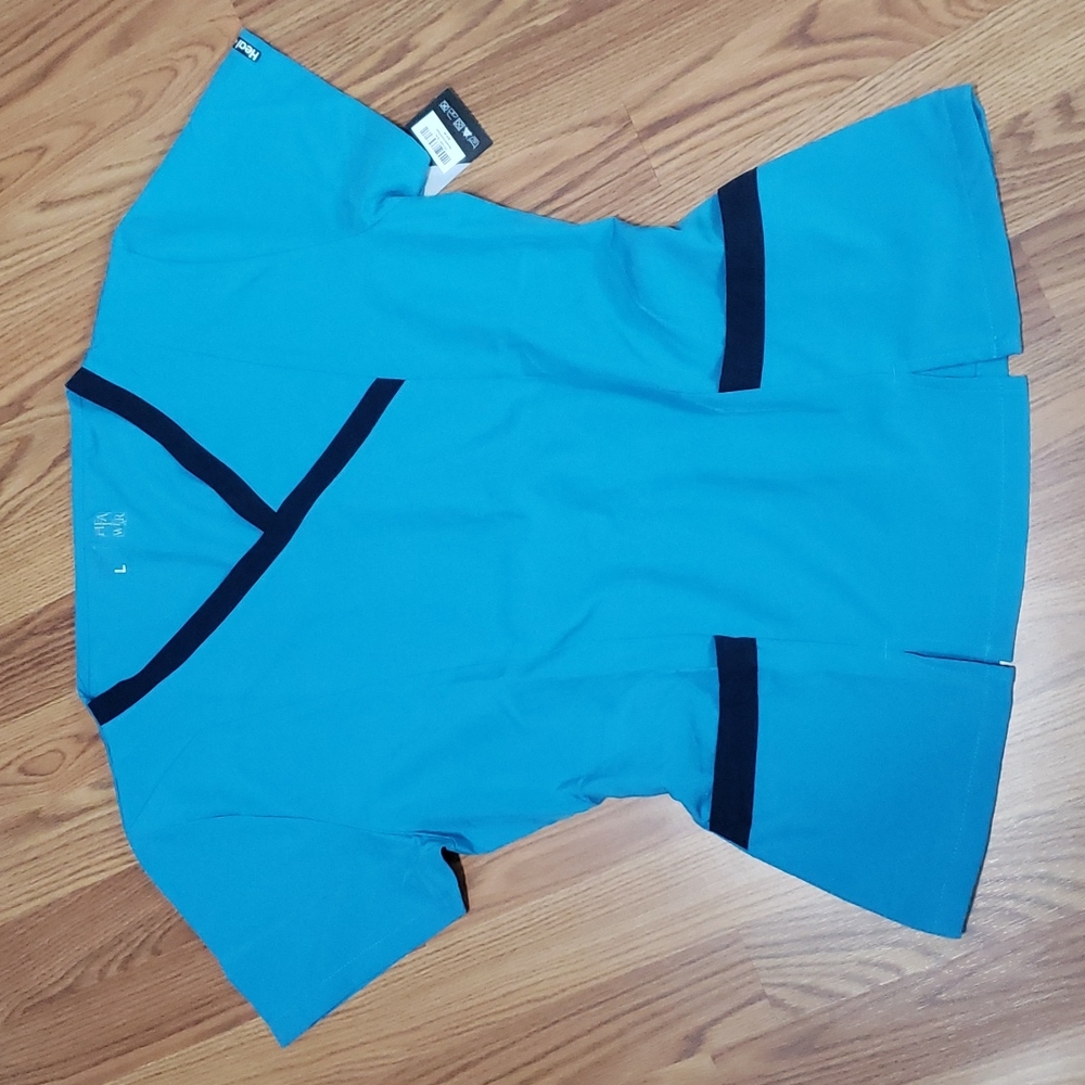 NWT Womens L teal blue scrub top shirt nurses uniform Heal Wear navy